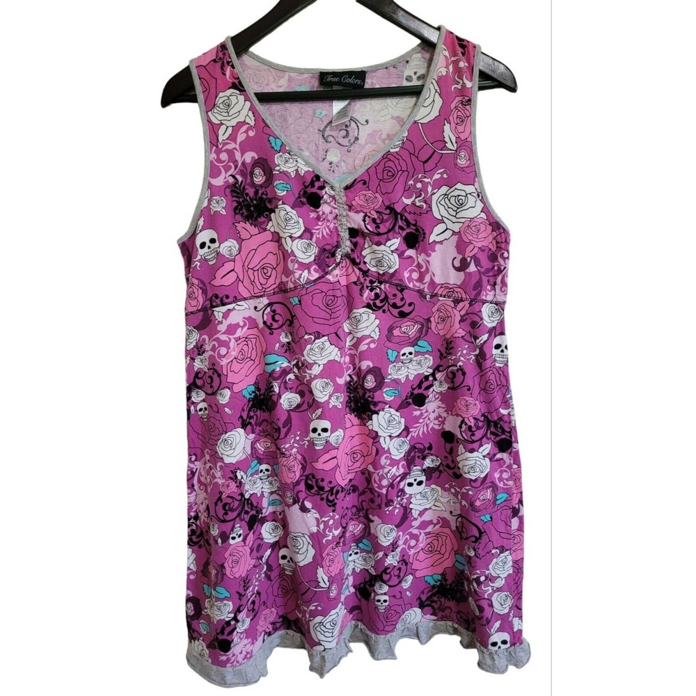 Women Sz Large Skull and Roses Babydoll Chemise Ruffle Pink Nightshirt Dress Top